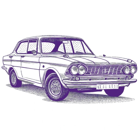 A drawing of an old car on a white background inspired by the Westminster Kennel Club.