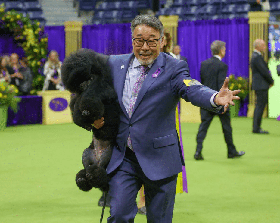 Man in a suit smiling and holding a black poodle on a green field, with people and purple decorations in the background.